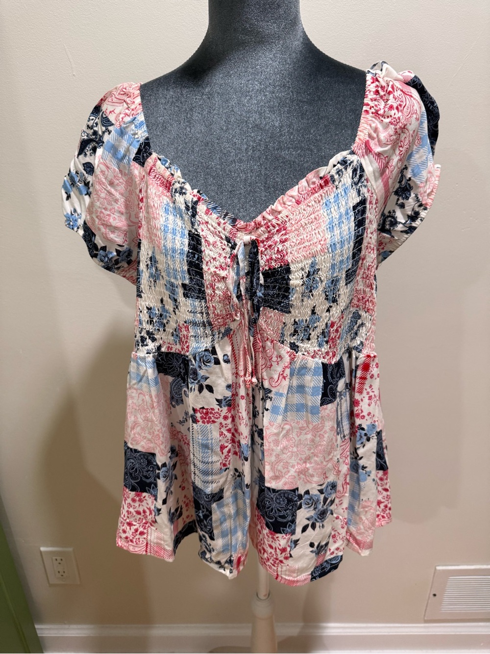No Boundaries Pink Multi Smocked Patchwork Peasant Top